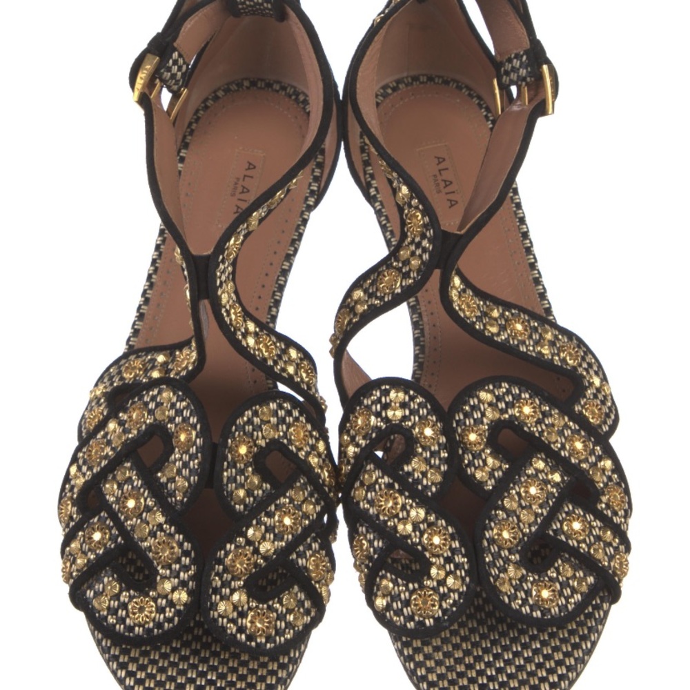 Stunning ultra chic Alaïa T-Strap Sandals with Embroidered & Studded Accents